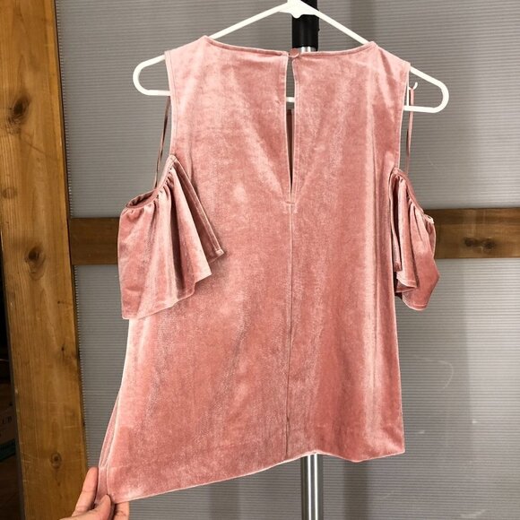 Nwt REBECCA MINKOFF Monsoon Pink Ruffled Cold Shoulder Velvet Blouse Top Sz S - Picture 6 of 10
